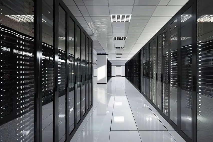 Foto em preto branco de um data center. Nos cantos da sala, há as máquinas em operação e, no meio, um corredor vazio.