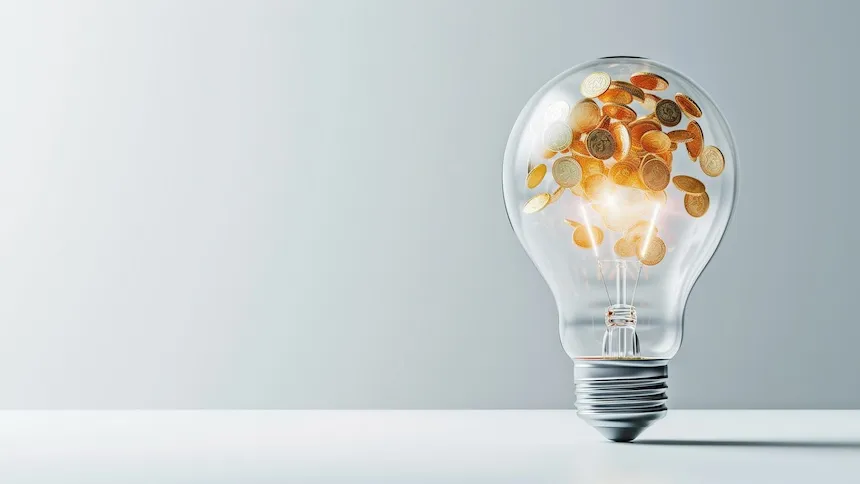 Fundo cinza, com uma lâmpada transparente na frente. Dentro da lâmpada, há algumas moedas douradas.